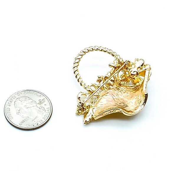 French Flower Basket Brooch, Vintage Gold Tone with Elegant Pearl and Crystal - Picture 3 of 3